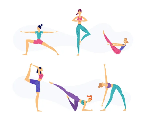 Жіноча йога здоровий спосіб життя концепція з жіночими персонажами в різних позах йоги. Asanas Set Banner Girl Practicing Movements Graphphel для веб-сайту класів, Studio Web Page. Плоска Векторна ілюстрація — стоковий вектор