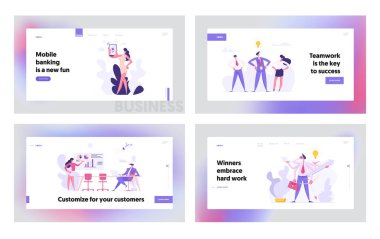 Yaratıcı, mali iş başarı kavramı sayfa kümesi iniş. İnsanların karakterleri mobil bankacılık, sunum, çoklu görev ve Web sitesi, Web sayfası için takım beyin fırtınası. Düz vektör çizim