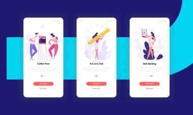 Başarılı finansal büyüme takım mobil App kümesi için iş kavramını geliştirmek. İnsanların karakterleri kahve molası, yukarı ok ve Internet Bankacılığı renkli şablonu. Düz vektör çizim