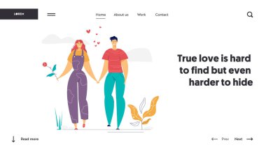 Mutlu çift sayfa şablonu açılış aşık. Erkek ve kadın konseptiyle Dating Romantik romantik ilişkiler karakter Web sitesi, afiş, Web sayfası için. Vektör çizim