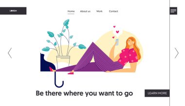 Sosyal Medya sayfa şablonu açılış kavramı ağ. Kadın karakter evde Smartphone kullanarak sohbet. Web sitesi, Web sayfası, afiş için cep telefonu ile mesaj gönderme kadın. Vektör çizim