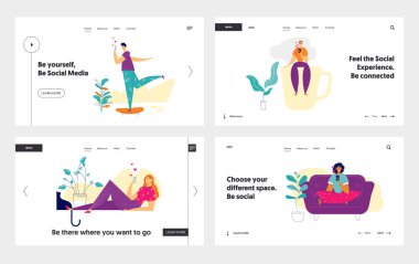 Sosyal Medya sayfa şablon kümesi açılış kavramı ağ. Karakter insanlar sohbet Smartphone kullanarak. Erkek ve kadın Web sitesi, Web sayfası, afiş için cep telefonu ile mesaj gönderme. Vektör çizim