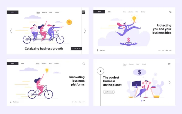 Creative Ambitious Risky Business Success Concept Landing Page Set. People Characters with Passive Income, Tandem Bike, Idea Protection from Trap for Website, Web Page. Flat Vector Illustration — Stock Vector