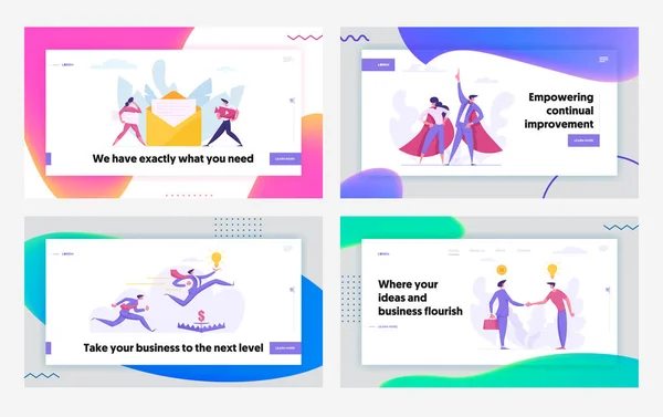 Cooperazione creativa Progressive Business Success Concept Landing Page Set. Personaggi delle persone con busta, spirito di squadra, sviluppo e accordo per il sito web, pagina web. Illustrazione vettoriale piatta — Vettoriale Stock