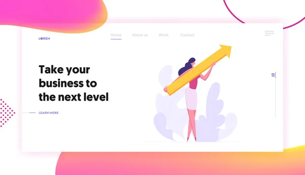 Successful Ambitious Developing Business Concept Landing Page. Businesswoman Character with Arrow going Up, Showing Improvement. Modern  Bright Banner for Website, Web Page. Flat Vector Illustration — Stock Vector