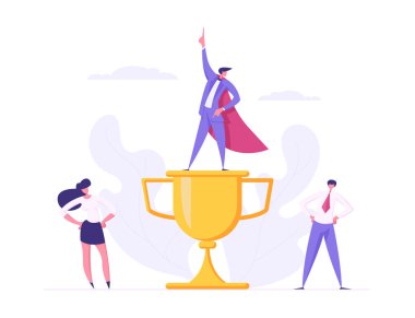 İş takım ruhu yaratıcı başarı işbirliği kavramı Gold Kupası Ödülü ile gurur iş insanlar karakterlerle. Banner Web sitesi, Web sayfası, Poster veya duvar kağıdı için. Düz vektör çizim