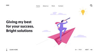 İş görme Strateji başarı kavramı. Kağıt Uçak üzerinde uçan iş adamı karakter. Açılış sayfası için Web sitesi, Web sayfası teleskop ile yeni fikir arayan adam ile. Düz vektör çizim
