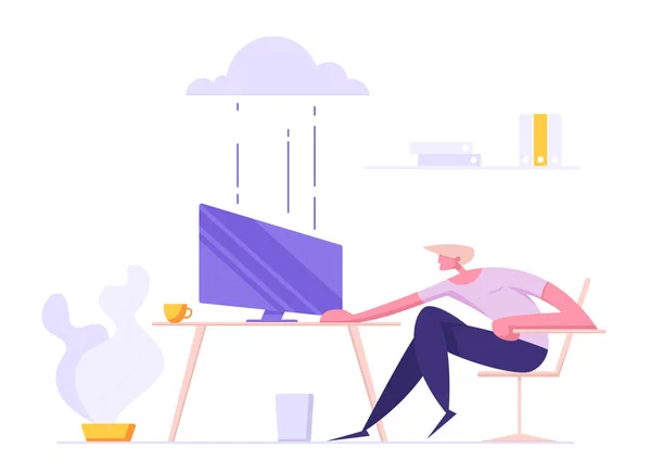 Business Cloud Storage Datacenter Hosting Servers Concept with Businessman Character Sitting in Front of Monitor with Mouse (em inglês). Banner para o site de TI, pôster e papel de parede. Ilustração vetorial plana —  Vetores de Stock