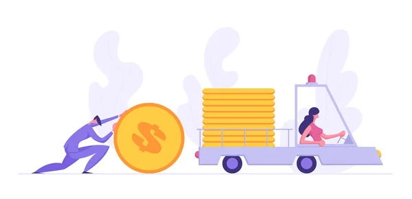 ビジネス運転トラック車とお金と黄金のコインを押してビジネスマン ビジネスウーマン文字で配信の成功の財務目標の概念。ウェブサイト、Web ページのバナーです。フラットのベクトル図 — ストックベクタ