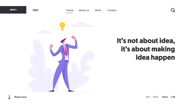 Creatieve innovatie bedrijfssucces brainstormen Concept met trots zakenman karakter met idee gloeilamp. Landing Page met Man weergegeven: sterkte Website, Web-pagina. Platte vectorillustratie — Stockvector