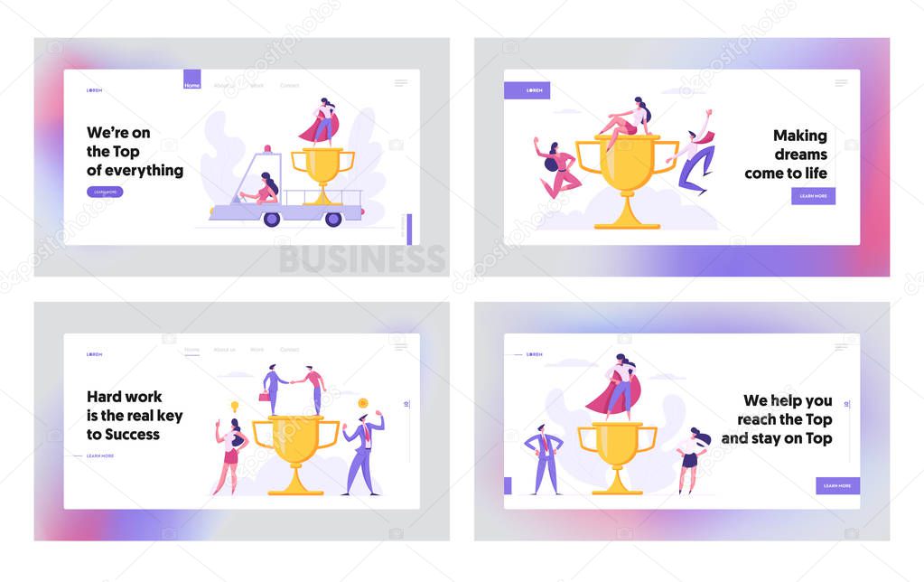 Successful Teamwork Business Achievement Concept for Landing Page Set. People Characters with Car and Prize, Agreement and New Idea , as Innovation for Website and Web Page. Flat Vector Illustration