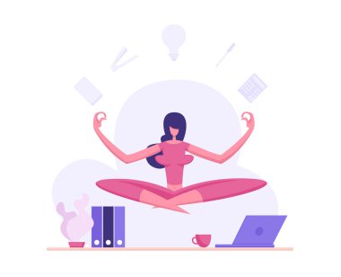 Çoklu görev verimli iş kavramı işkadını karakteri ve meditasyon başının üstünde çeşitli eylemler. Web sitesi, Web sayfası, Poster için üretken kadınla afiş. Düz vektör çizim