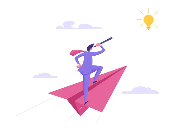 Visión Empresarial, Concepto de Éxito de Estrategia Futura. Hombre de negocios personaje volando en avión de papel. Banner with Man Looking for New Idea with Telescope for Website, Banner, Poster (en inglés). Ilustración de vectores planos — Vector de stock