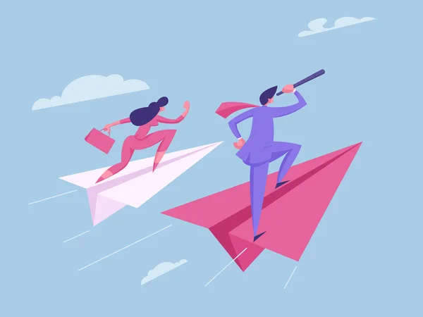 İş görme, gelecekteki strateji takım ruhu kavramı. Kağıt uçaklar üzerinde uçan iş insanlar karakterler. Teleskop ile yeni fikir arayan web sitesi, afiş, Poster için adam. Düz vektör çizim