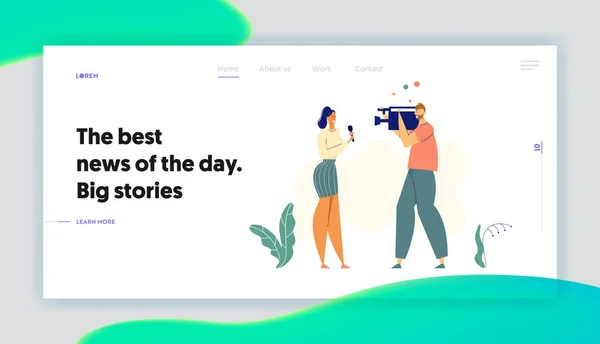 Concepto de noticias de última hora para Landing Page. Personajes de personas periodistas con micrófono y cámara haciendo reportaje. Announcer Carácter Femenino para Sitio Web, Página Web. Ilustración de vectores planos — Vector de stock