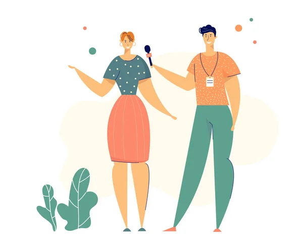 Breaking News Concept. Periodistas Personajes Hombre y mujer con micrófono haciendo reportaje. Anunciador Personaje femenino para página web, banner, póster. Ilustración de vectores planos — Vector de stock