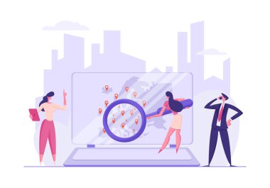 Küresel Iş konsepti. Business People karakter ile takım çalışması Işbirliği dizüstü dünya haritası ile birlikte çalışma. İş adamı ve Işkadını ortaklığı. Vektör düz Illustration