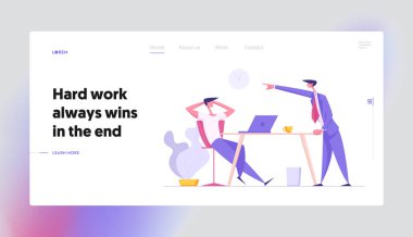Ofis Iş konsepti açılış sayfasında Işadamları ile iletişim karakterleri tartışmak proje süreci. Lazy Worker dizüstü bilgisayar ve öfkeli Boss banner, Web sitesi, Web sayfası. Vektör düz Illustration