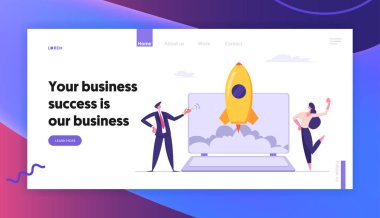 Başarılı başlangıç konsept açılış sayfası ile Iş ınsanları karakterler laptop roket başlattı. Uzay gemisi metafor başlangıç, ekip çalışması E-ticaret banner, Web sitesi, Web sayfası. Vektör düz Illustration