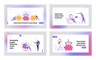 Iş kişileri karakter açılış sayfası seti ile para tasarrufu kavramı. Finansal tasarruf kar, yatırım ve Iş toplantısı Web sitesi banner, Web sayfası. Vektör düz Illustration