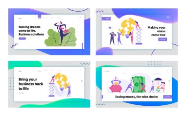 Karakter takım çalışması Iş çözüm kavramı açılış sayfası ampul puzzle Pieces toplayın. İşadamı ve iş kadını Piggy Bankası banner, Web sitesi, Web sayfası para toplayın. Vektör düz Illustration