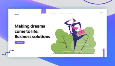 Kahve açılış sayfası fincan ile işadamı karakter sürme kaykay. Çalışan kahve ile ofis çalışması için acele edin. Sağlıklı yaşam, egzersiz banner, Web sitesi, Internet sayfası. Vektör düz Illustration