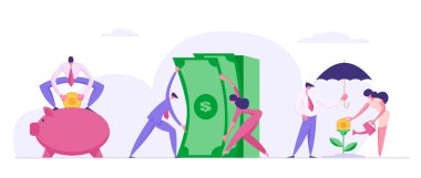 Iş ınsanları karakterler, domuzcuk Bankası ve para ağacı ile para tasarrufu kavramı. Finansal tasarruf kar, yatırım, Işadamı ile mevduat Moneybox para biriktirir. Vektör düz Illustration