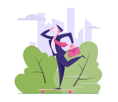 Bir fincan kahve ile işadamı karakter sürme kaykay. Çalışan kahve ile ofis çalışması için acele edin. Sağlıklı yaşam, egzersiz. Vektör düz Illustration