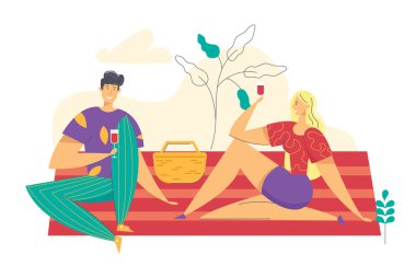 Piknik kavramı mutlu çift. Park Içme şarap romantik dating erkek ve kadın karakterler. Doğa eğlence aktivite insanlar. Vektör düz Illustration
