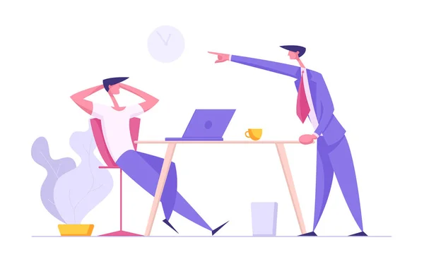 Kommunikation på kontoret arbets koncept med affärs män tecken diskutera projekt process. Lazy Worker med laptop och Angry Boss för banner. Vektor flat illustration — Stock vektor