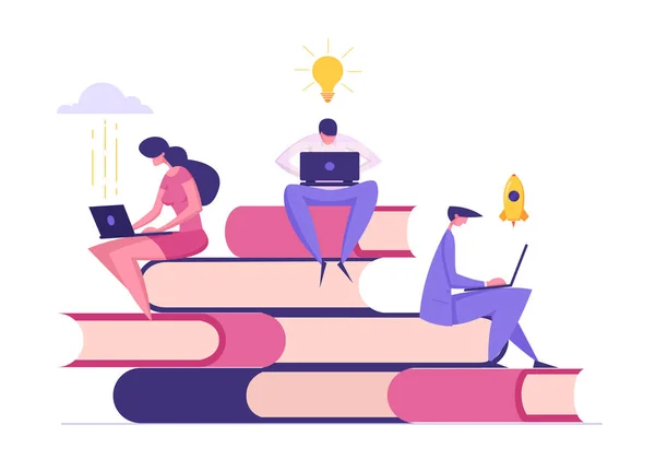 Distance Education Concept Banner with People Working on Laptop and Reading Books. Bibliothèque en ligne, Cloud Technology. Vecteur Illustration plate — Image vectorielle