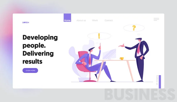 Plantilla de Landing Page de Business Meeting Concept. Personajes de Empresario y Trabajador Discuten el Proceso del Proyecto de Trabajo. Comunicación de oficina, lluvia de ideas, trabajo en equipo para el sitio web, banner de página web. Vector Ilustración plana — Archivo Imágenes Vectoriales