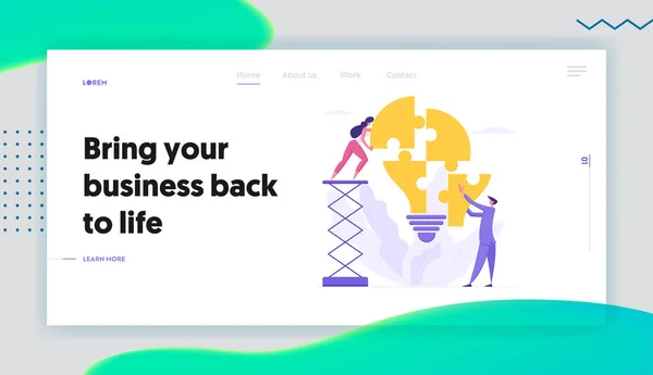 Trabajo en equipo Business Solution Concept Landing Page with Characters Collect Light Bulb Puzzle Pieces. Business man and Businesswoman Brainstorming Innovation Banner, Website, Web Page (en inglés). Vector Ilustración plana — Vector de stock