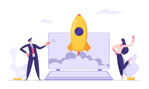 El exitoso concepto de inicio con personajes de negocios lanza Rocket desde el ordenador portátil. Space Ship Metaphor Business Startup, Teamwork E-commerce Banner (en inglés). Vector Ilustración plana — Vector de stock