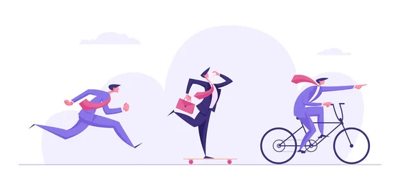 Desafío empresarial Concepto de competencia con personajes de personas se apresuran al éxito. Empresario Montar en bicicleta, Hombre Skateboarding con café, Correr Banner Empleado. Vector Ilustración plana — Archivo Imágenes Vectoriales