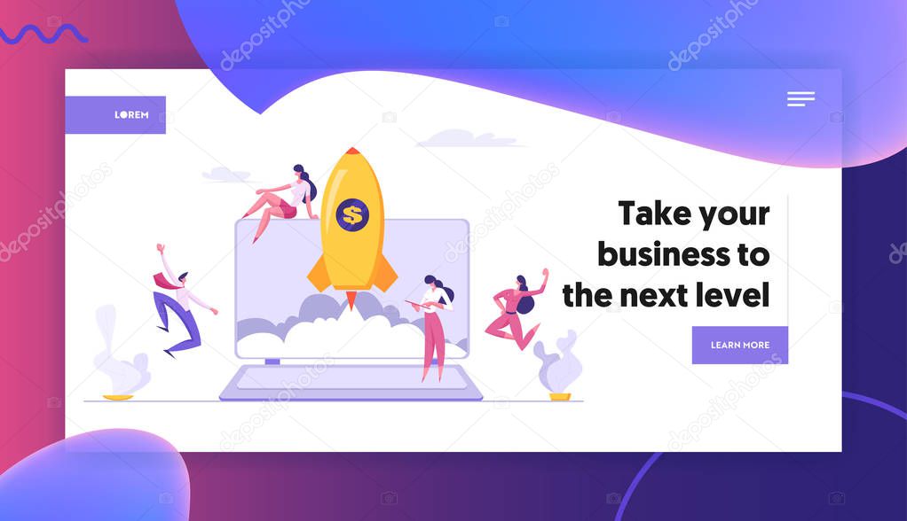 Successful Start Up Concept Landing Page with Business People Characters Launches Rocket from Laptop. Space Ship Metaphor Startup, Teamwork E-commerce Banner, Website, Web Page. Vector Flat illustration