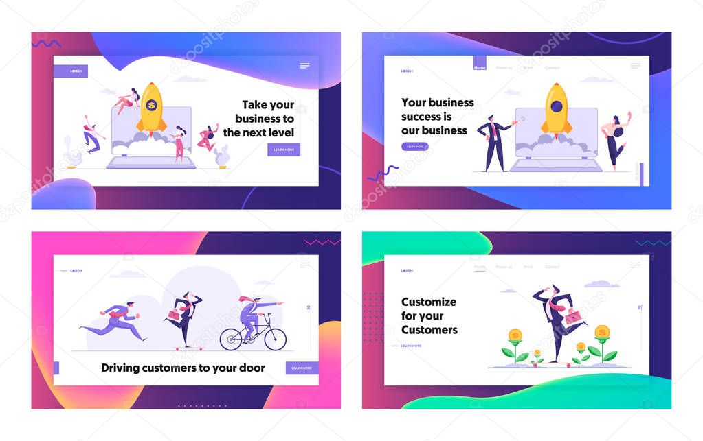 Successful Start Up Concept Landing Page Set with Business People Characters Launches Rocket from Laptop. Space Ship Metaphor Startup, Business Challenge Banner, Website, Web Page. Vector Flat illustration