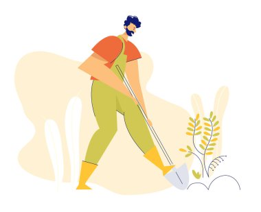 Bahçesindeki bitkinin Bakımı ile kürekli Bahçe adam. Üniforma Bahçe erkek karakter, büyüyen ağaç. Doğa ekoloji konsepti. Vektör düz Illustration