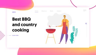 Mutlu adam yemek BBQ açılış sayfası. Erkek karakter Cook Grill et. Açık barbekü ve sosis yangın. Aşçı gıda doğa banner, Web sitesi, Web sayfasında yemek. Vektör düz Illustration