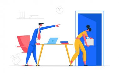 Kızgın Patron Karakter Çalışan Kovma. Kovulan Sinirli İş Kadını. İşsizlik, İşten Çıkarma, İşsizlik Kavramı. Kurumsal Ofis Çalışmaları. Vektör Karikatür illüstrasyon
