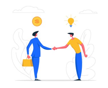 İki İşadamı El Sıkışma. İş Anlaşması, Ortaklık Mali İşbirliği Kavramı. İş Karakterleri El Sıkışma Fikir Para için Satış. Düz Vektör Karikatür İllüstrasyon