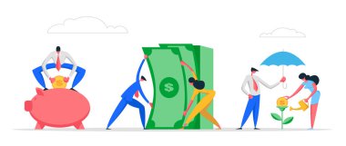 İş Adamları Karakterler, Piggy Bank ve Para Ağacı ile Para Tasarrufu Kavramı. Finansal Tasarruf Kar, Maaş Yatırım, İşadamı ile Mevduat Moneybox Madeni Para birikir. Vektör Düz illüstrasyon