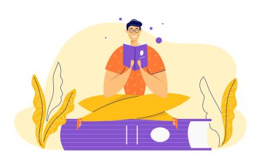 Mutlu Erkek Öğrenci Okuma Kitabı. Man Karakteri ve Kitapları ile Eğitim Çalışması Öğrenme Kavramı. Kütüphanedeki adam. Vektör düz karikatür illüstrasyon