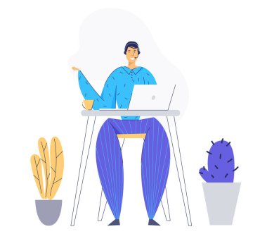 Kulaklık ile Man Karakter Danışmanlığı İstemci ile 7/24 Online Teknik Destek. Online Yardım, Erkek Yardım Hattı Çağrı Merkezi Operatörü. Vektör düz illüstrasyon