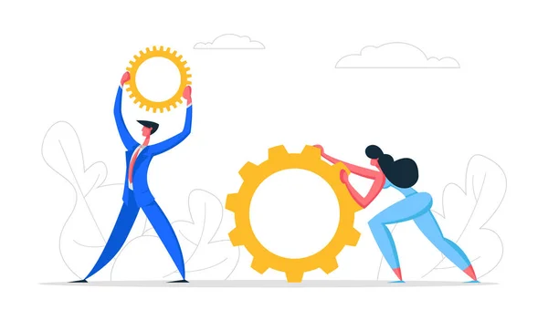 Business Characters with Gears. Businessman and Businesswoman People Holding Cogwheels. Teamwork, Development Maintenance Concept. Vector flat cartoon illustration