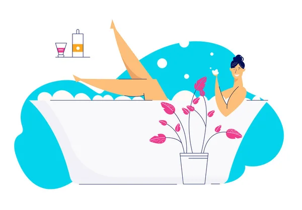 Happy Young Woman Relaxing in Bath Full of Foam. Female Character in Bathroom on Spa Day. Pretty Girl Washing in Bathtub. Vector flat cartoon illustration — Stock Vector