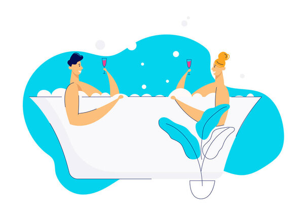 Romantic Dating with Two Lovers in Bath. Happy Couple Relaxing in Bathtub and Drinking Wine. Man and Woman Characters Enjoy Spa Day. Vector flat cartoon illustration
