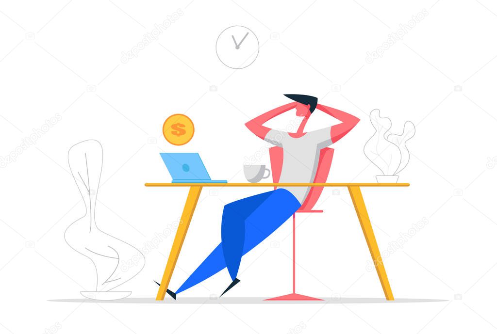 Finance Business Big Dreams Concept. Relax Businessman Sitting with Computer Dreaming About Money and Passive Income. Manager Office Workspace Background. Vector Cartoon illustration