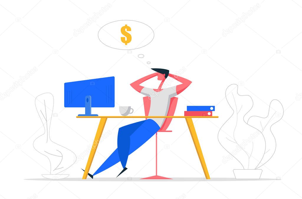 Finance Business Big Dreams Concept. Relax Businessman Character Sitting with Computer Dreaming About Money and Passive Income. Manager Office Workspace Background. Vector Cartoon illustration