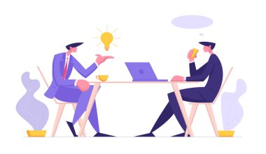 İş Adamları Konuşma Kavramı. İşadamları Ofis Masasında Şirket Stratejisini Tartışıyor. Kahve molası, iş görüşmesi. Patron ve Çalışan Yaratıcı Fikir Ampul ile. Vektör düz illüstrasyon